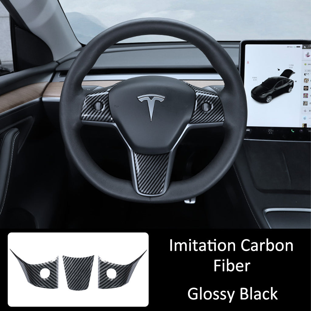 Steering-Wheel-Control-Panel-Imitation-Carbon-Fiber-Cover-Glossy-Black-for-Model-3-Y-Marnana