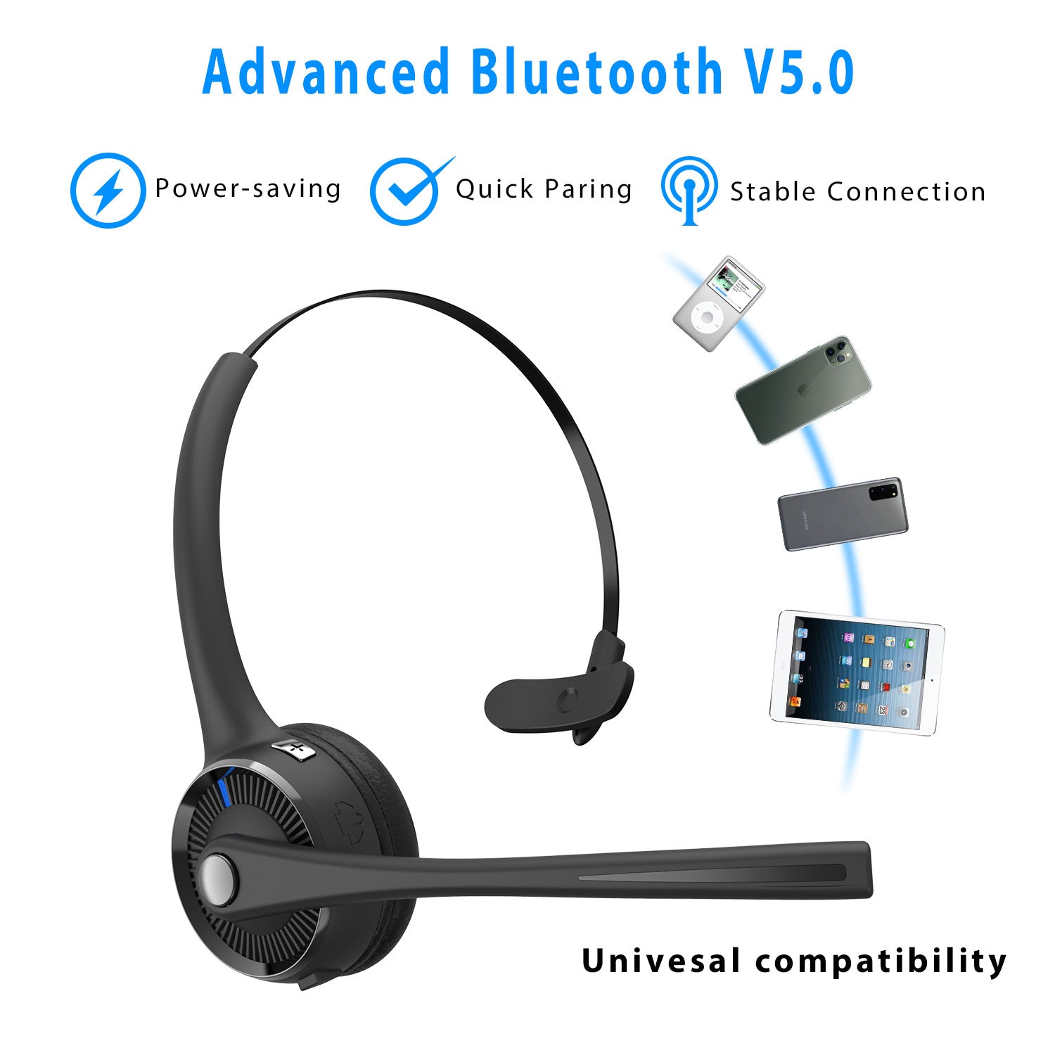 Marnana Trucker Bluetooth Headset V5.0 with Microphone & Charging Base